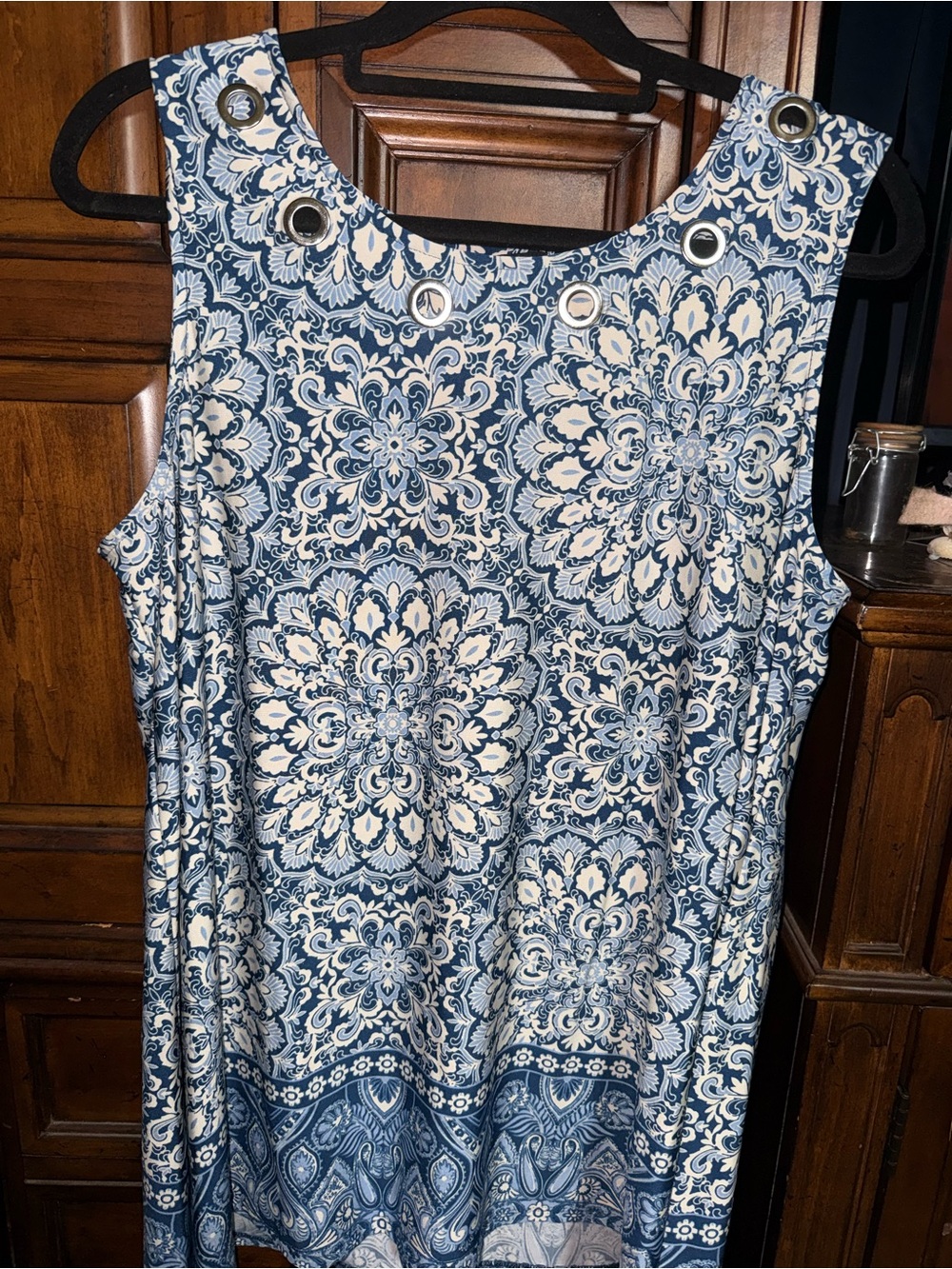 new directions Blue and White Grommet-Accent Medallion Tunic